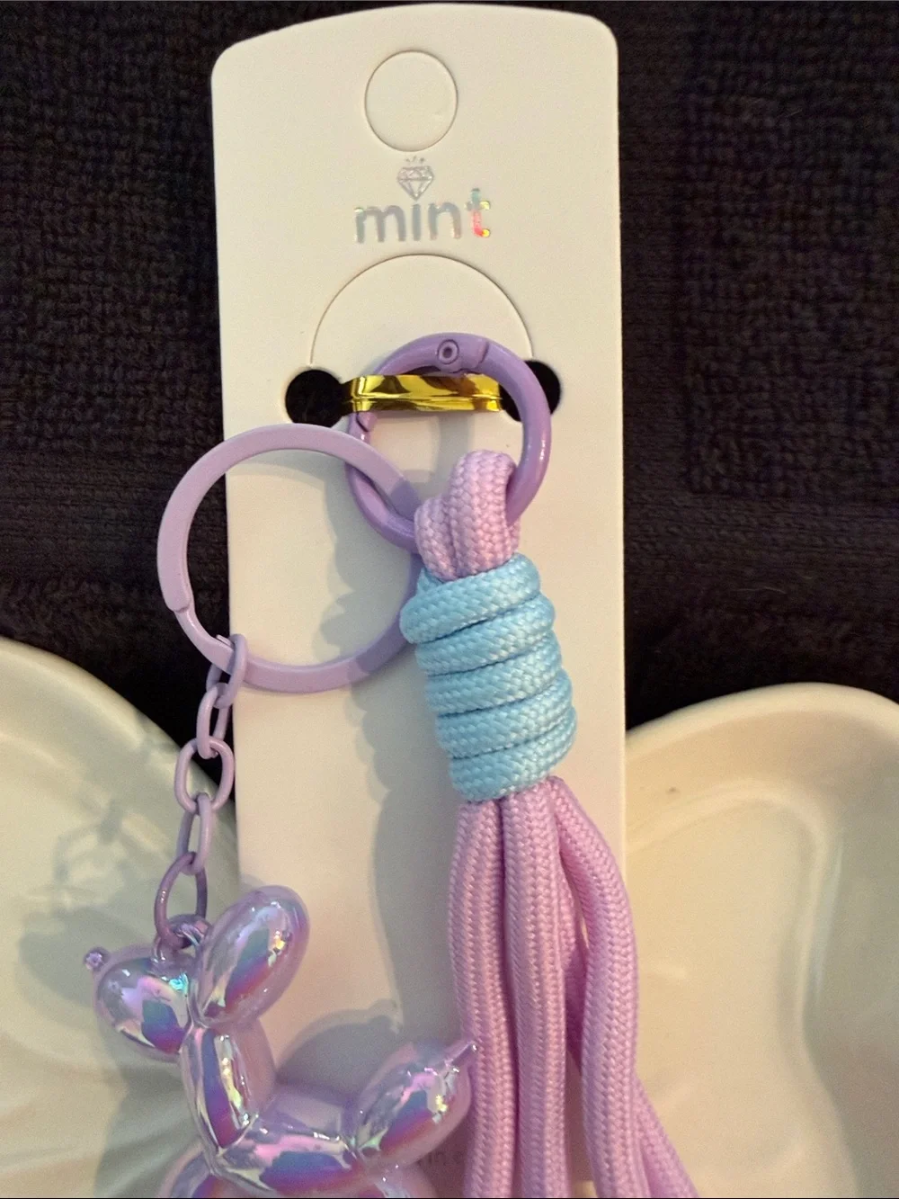 Mint Pastel Balloon Dog Keychain with Lavender Tassel & Light Blue Wrap